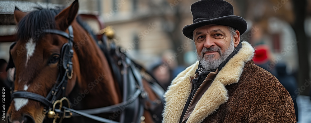Hungarian man in fur-lined coat stands beside horse-drawn carriage in city during winter Hungarian man in fur-lined coat stands beside horse-drawn carriage in city during winter