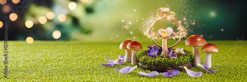 Obraz na płótnie Magical Fairy Garden Mushrooms Flowers Sparkles Fantasy Scene w salonie