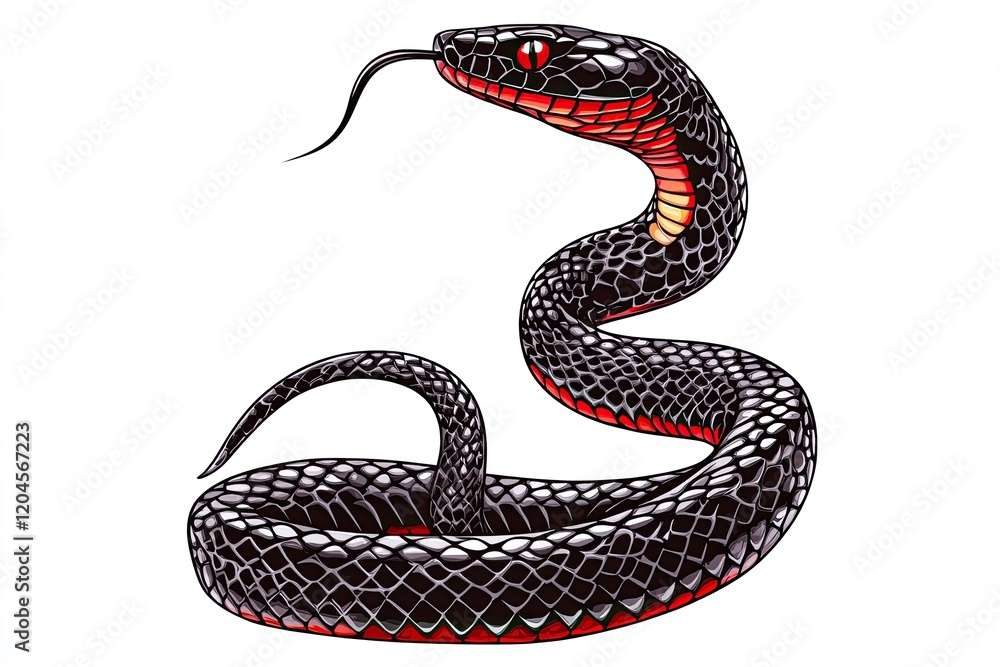 Obraz premium A striking black snake with red accents coiling on a textured surface, showcasing its vibrant scales