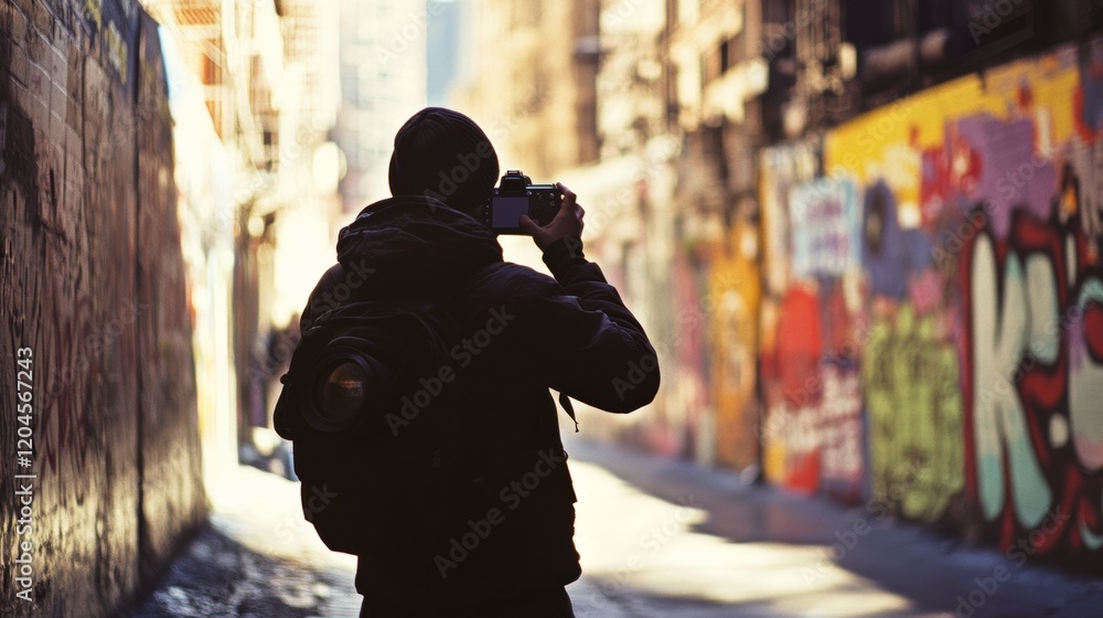 A photographer captures vibrant urban graffiti in an alleyway, the street art bursting with color against muted surroundings. A photographer captures vibrant urban graffiti in an alleyway, the street art bursting with color against muted surroundings.
