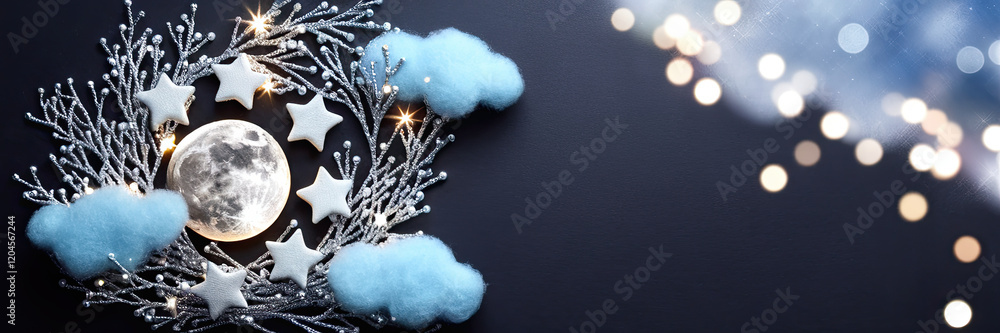 Serene Night Sky Moon Stars Clouds Branches Lights