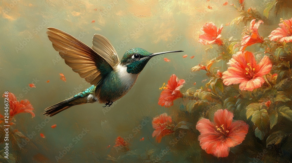 Fototapeta premium Vibrant hummingbird hovering near blooming hibiscus flowers in a serene garden setting
