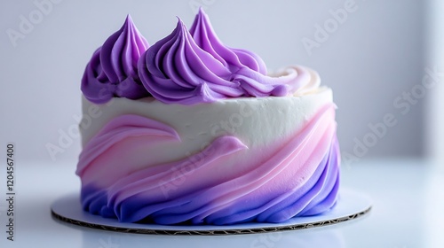 Delicious Purple and Pink Ombre Cake with Swirls Frosting Decoration photo