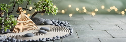 Serene Zen Garden Tranquil Sand Stones Bamboo Rake Bonsai