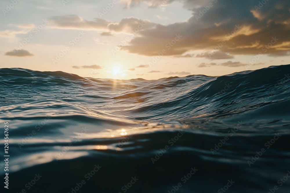 Naklejka premium dramatic ocean sunset with rolling waves, moody cloud formations