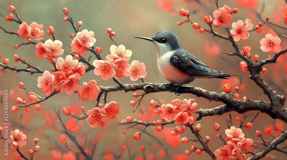 Fototapeta premium A serene bird perched on a blooming cherry blossom branch in a tranquil garden setting