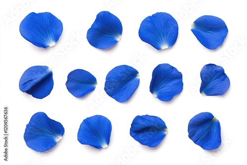 A vibrant arrangement of blue flower petals scattered on a white background, ideal for design use