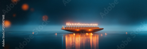 Golden menorah with lit candles reflects on dark water. A serene Hanukkah scene. photo