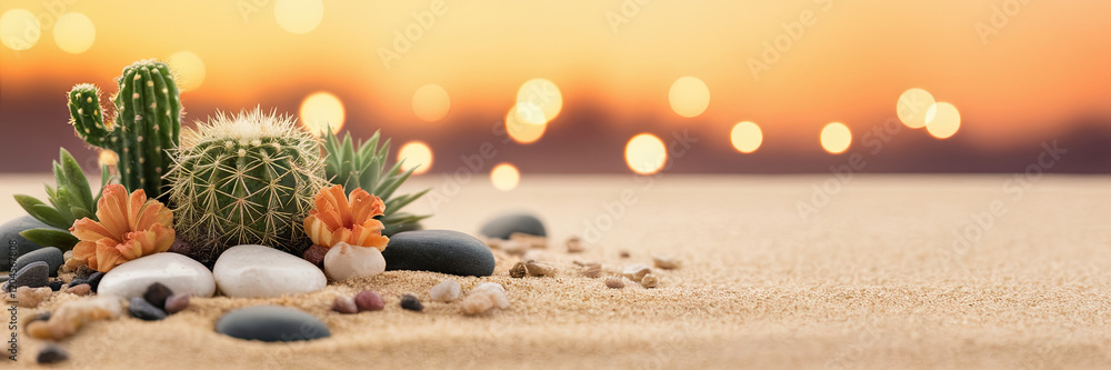Sunset Cactus Desert Scene Plants Sand Stones Bokeh