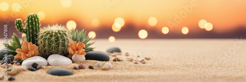 Obraz na płótnie Sunset Cactus Desert Scene Plants Sand Stones Bokeh w salonie