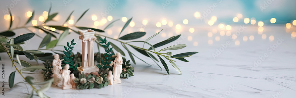 Serene Olive Branch Greek Columns Decor Festive Lights Background