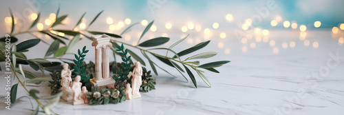Obraz na płótnie Serene Olive Branch Greek Columns Decor Festive Lights Background w salonie