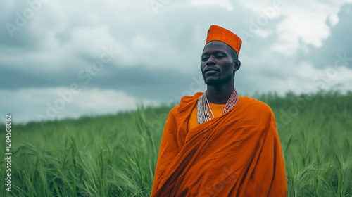 Ugandan man wearing kanzu stands proudly in lush green field under a cloudy sky in late afternoon light photo