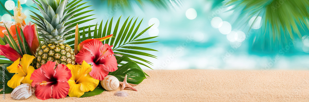 Tropical Beach Paradise Hibiscus Pineapple Palm Leaves Seashells