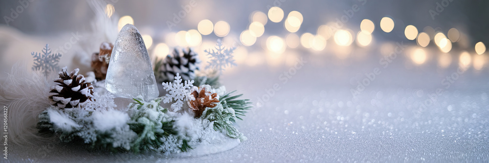 Festive Winter Wonderland Scene Ice Pine Cones Snowflakes and Lights
