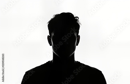 Silhouette of man. Unknown male figure. Serious expression. Simple, dark profile view. Isolated white background. Possible themes include mystery, anonymity, confidential user. Suitable for various photo