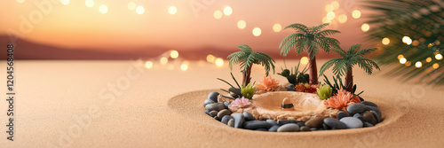 Obraz na płótnie Serene Oasis Miniature Desert Island with Palm Trees Sunset and Lights w salonie
