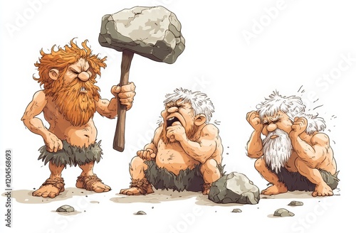 A modern cartoon depicts a caveman inventing and presenting the wheel to his bewildered and uncomprehending tribesmen and friends, who cannot fathom the genius of his creation photo