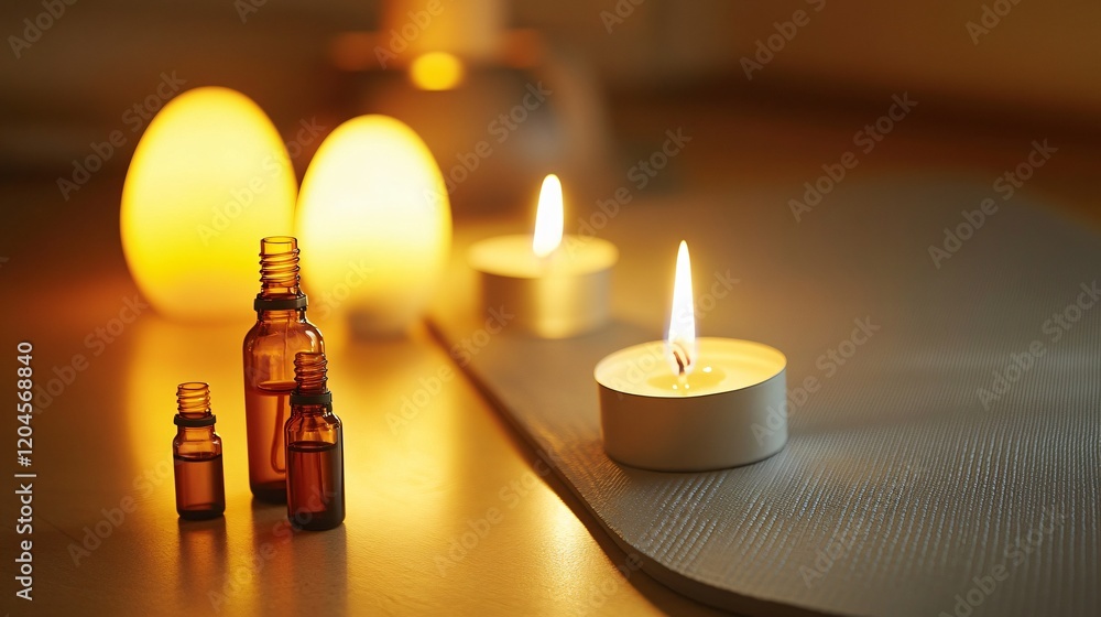 Serene Spa Scene, Candles, Essential Oils, and Warm Lighting Serene Spa Scene, Candles, Essential Oils, and Warm Lighting