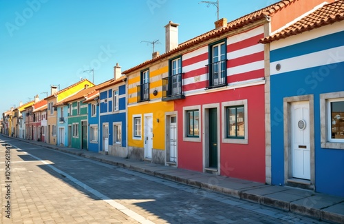 Colorful houses line street in Costa Nova Portugal. Brightly painted buildings with different colors, stripes create vibrant visual scene. Houses traditional Portuguese style architecture. Street