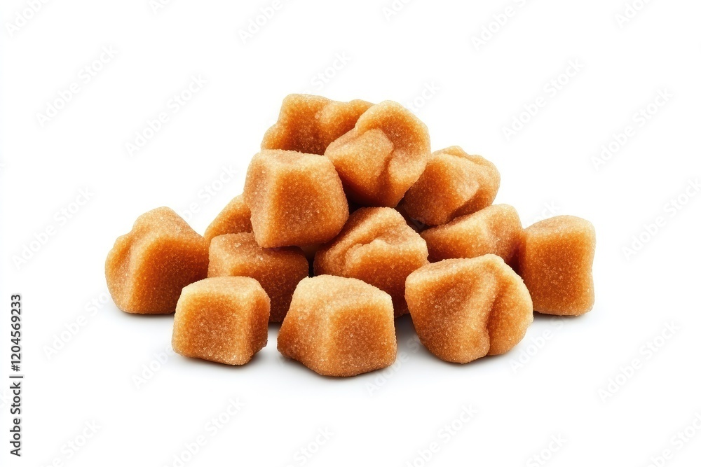 Pile of golden-brown sugar cubes on a white background, highlighting their texture and shape Pile of golden-brown sugar cubes on a white background, highlighting their texture and shape