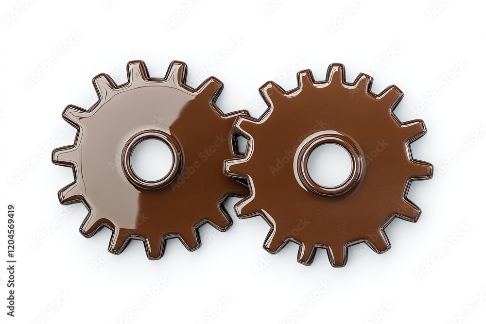 Two interlocking chocolate gears on a white background, symbolizing industry and creativity Two interlocking chocolate gears on a white background, symbolizing industry and creativity