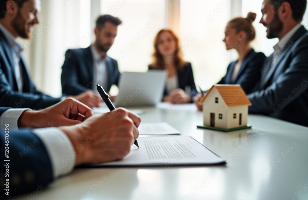 Obraz premium Business people sign investment deal for residential property. Group of professionals in suits meet at office. Financial agreement document on table. Model house visual reminder of real estate deal.