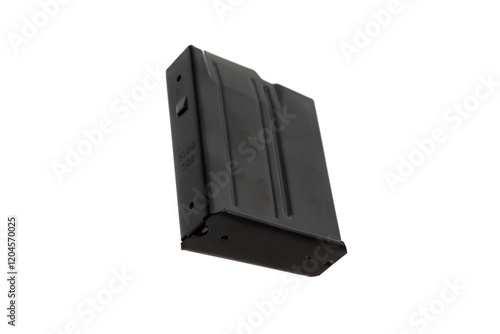 A black metal firearm magazine, isolated on a white background, showing top and side details photo