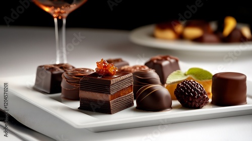 Assortment of Exquisite Gourmet Chocolates on a White Plate with a Glass of Wine in the Background A Delightful Treat for Chocolate Lovers photo