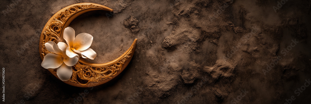 Ornate crescent moon with delicate white flowers. A serene, dark brown background. Ornate crescent moon with delicate white flowers. A serene, dark brown background.