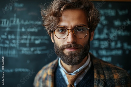 Mathematician in formal attire engaging with equations on a blue background. Generative AI photo