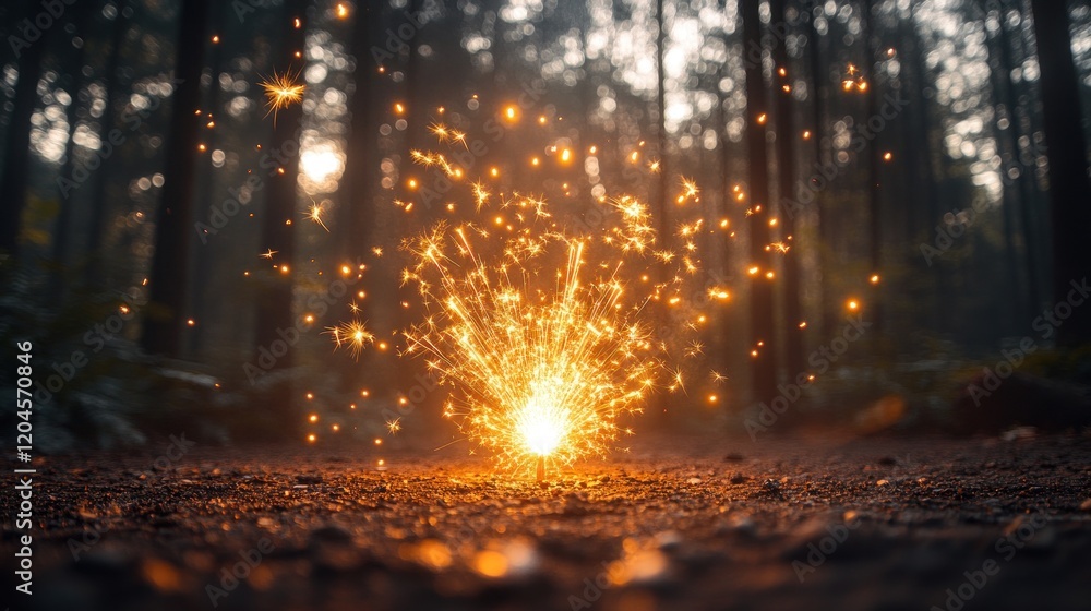 Sparkling firework explosion in a serene forest at sunset, creating a magical atmosphere Sparkling firework explosion in a serene forest at sunset, creating a magical atmosphere