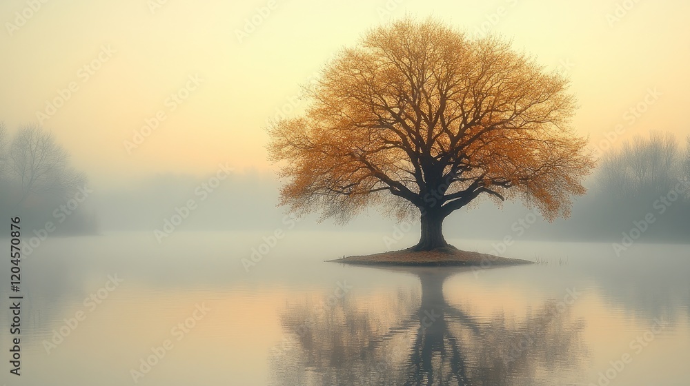 Serene autumn landscape featuring a solitary tree on an island reflected in a foggy lake Serene autumn landscape featuring a solitary tree on an island reflected in a foggy lake