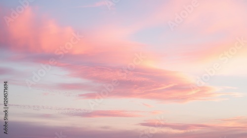 Fototapeta Naklejka Na Ścianę i Meble -  A stunning sunset sky displaying soft pink and purple hues with wispy clouds blending seamlessly into pale blue, evoking calm and serenity.
