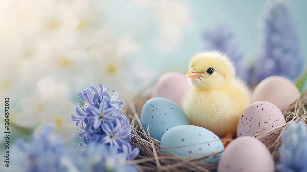 Cute chick in nest with colored eggs on light pastel blurred background with lights and flowers. Poultry farm, farming and eco food. Easter and spring holidays concept with copy space Cute chick in nest with colored eggs on light pastel blurred background with lights and flowers. Poultry farm, farming and eco food. Easter and spring holidays concept with copy space