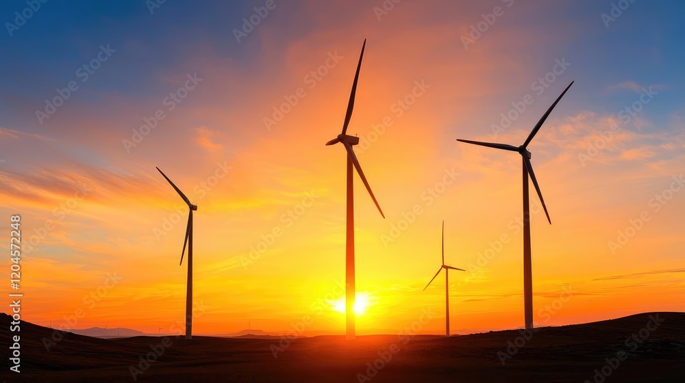 Obraz premium Wind turbines stand silhouetted against a vibrant orange sunset sky on a rolling hill.