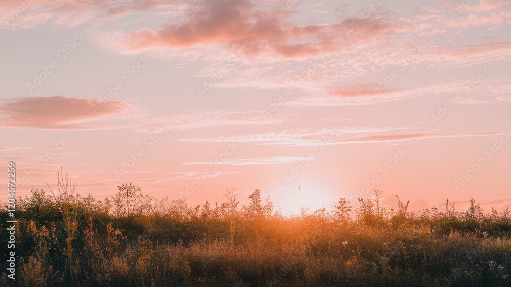 Obraz premium A serene sunset over a tranquil field, with soft pink and orange hues illuminating the sky, highlighting the natural beauty of the landscape.