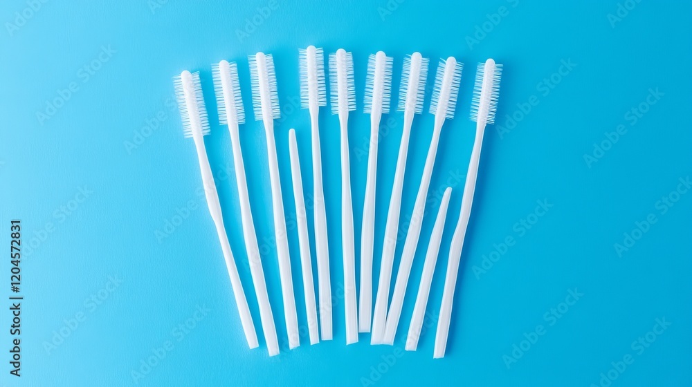 White floss picks for dental hygiene, along with interdental brushes, displayed against a blue background White floss picks for dental hygiene, along with interdental brushes, displayed against a blue background