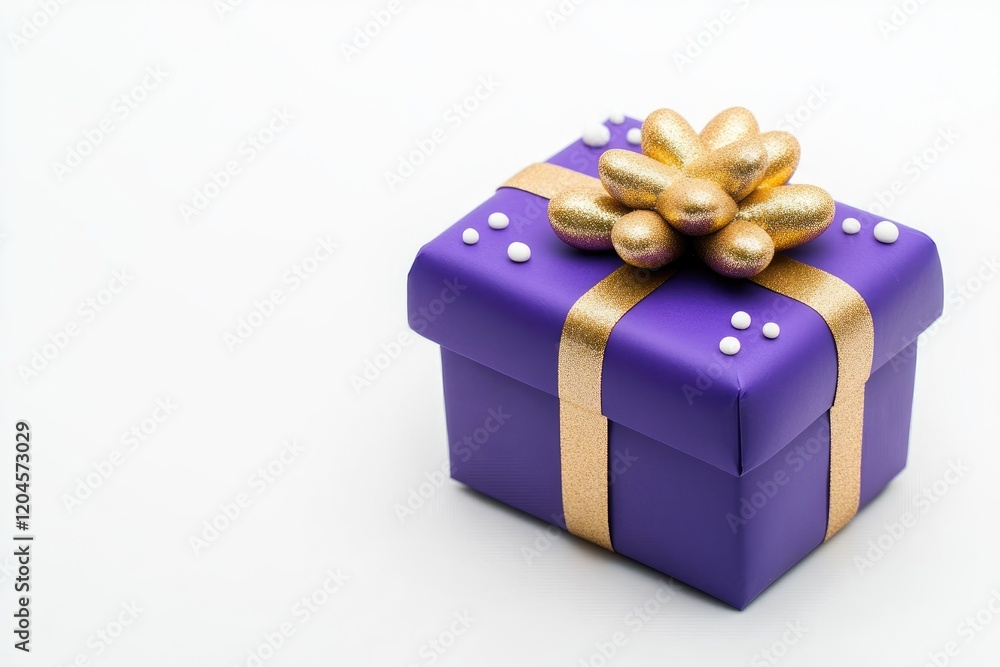 Obraz premium A beautifully wrapped purple gift box adorned with a golden bow and decorative accents