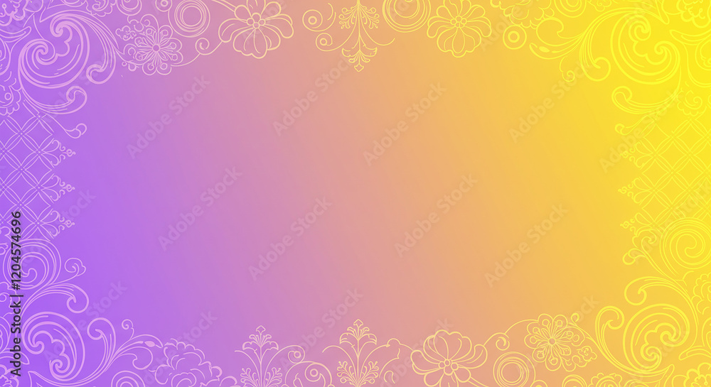 Elegant Purple and Yellow Gradient Background with Floral and Ornamental Frame Design Elegant Purple and Yellow Gradient Background with Floral and Ornamental Frame Design