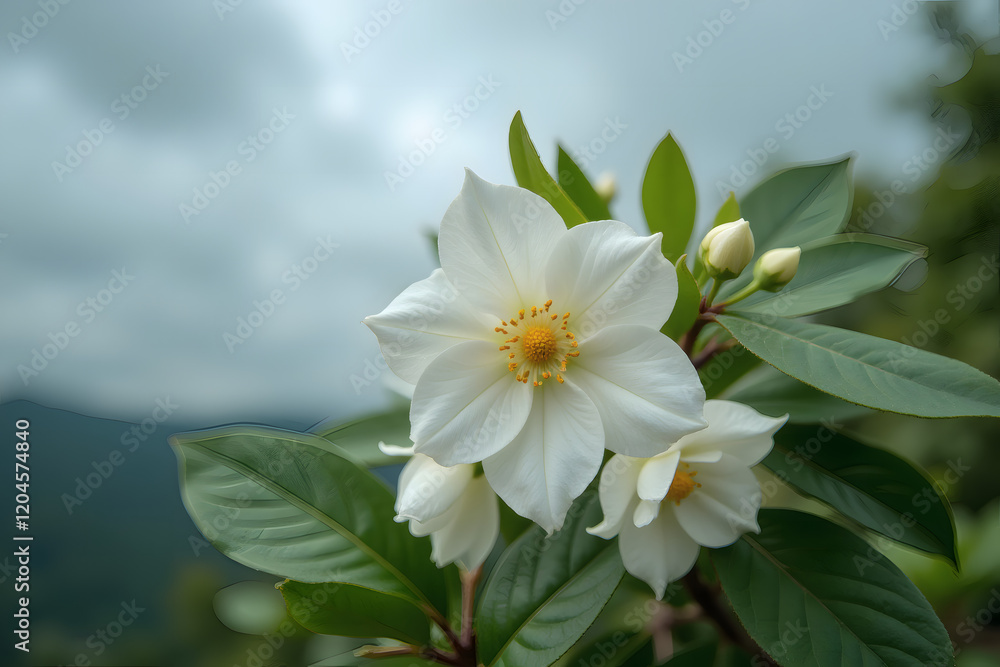 Fototapeta premium White jasmine flowers bloom against the clouds