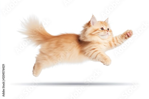 Playful orange cat leaps in mid-air against a white background, showcasing agility and joy