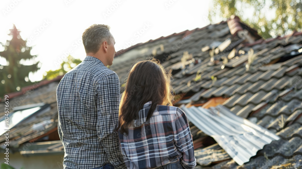 Naklejka premium Couple assessing roof damage and discussing repair options in sunlight