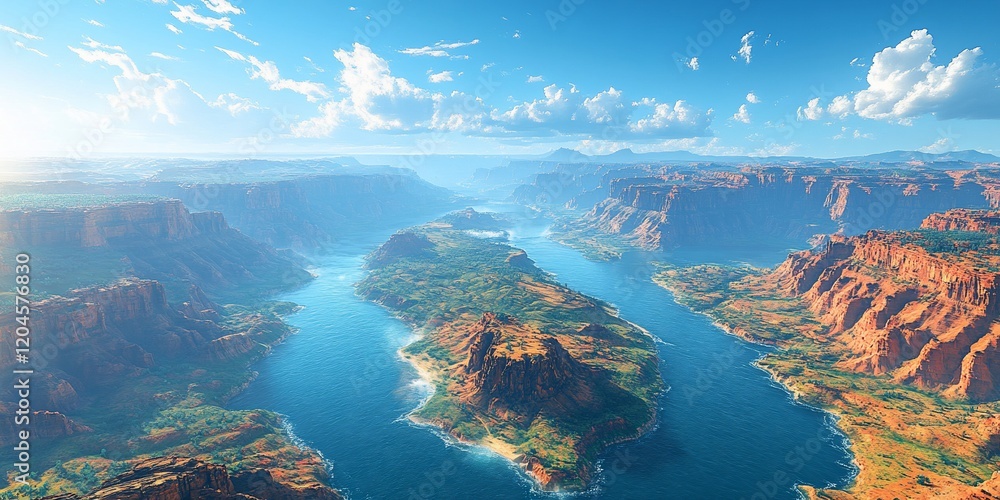 Aerial view of canyon river landscape. Background Sunny sky, mountains. Use Travel, nature Aerial view of canyon river landscape. Background Sunny sky, mountains. Use Travel, nature