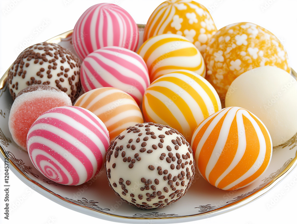 Fototapeta premium Assortment of colorful, round candies on a plate. Sweet treats, perfect for any occasion.