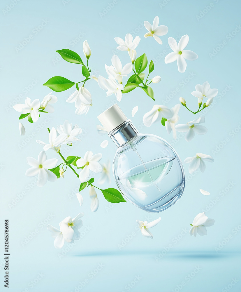 Bottle of floral perfume and jasmine flowers in air on light blue background