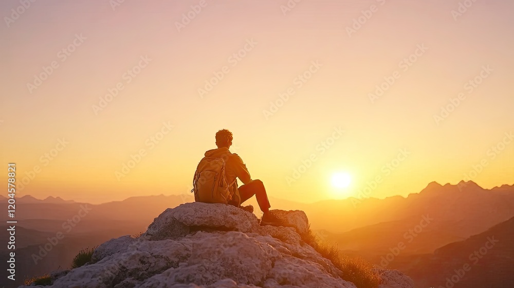 Person sitting on a rock at sunset, gazing at the horizon with mountains in the background