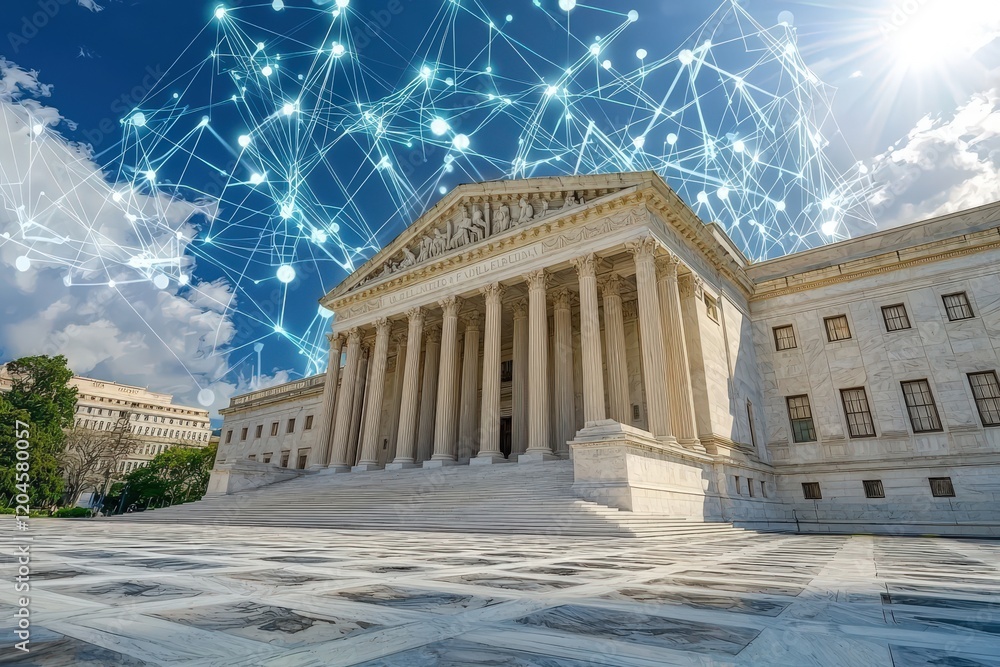 Fototapeta premium A grand building under a bright sky, featuring a network design overlay, symbolizing the intersection of law and technology.
