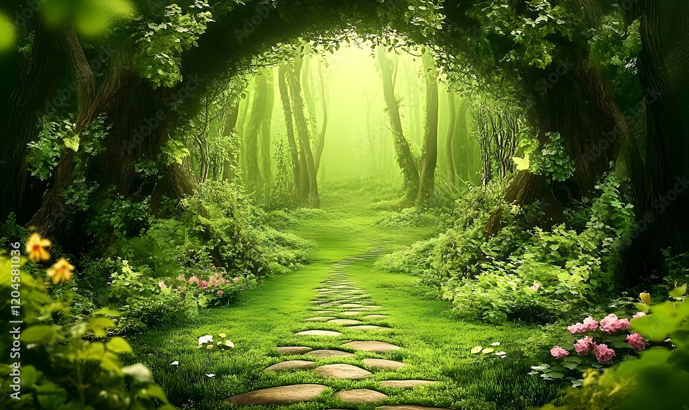 Fototapeta premium Enchanted Forest Path, Sunlight, Magical, Nature Background.