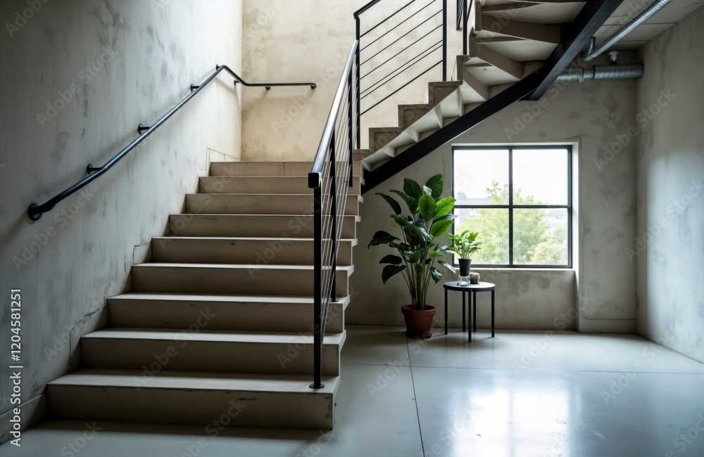 Modern stairwell in industrial setting. Concrete steps, metal railings. Interior design with plant, small table near large window. Industrial style architecture. Light streams through window. Modern stairwell in industrial setting. Concrete steps, metal railings. Interior design with plant, small table near large window. Industrial style architecture. Light streams through window.